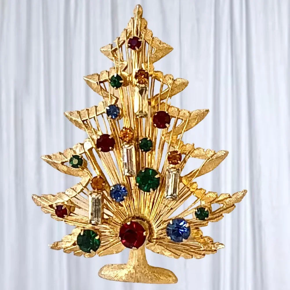 Brooks Christmas Tree Pin Brooch Vtg Goldtone Harp Rhinestones Candles Signed